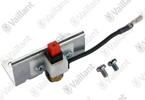 Vaillant Piezo-Zünder mit montierter Metallplatte, rotem Druckknopf, schwarzem Kabel und Schrauben für die Montage.